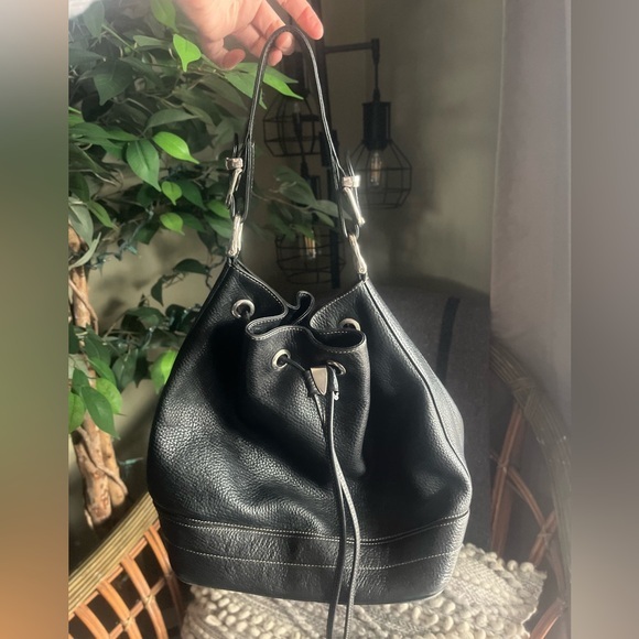 Handbags - Danier Black Leather Drawstring Bucket Bag